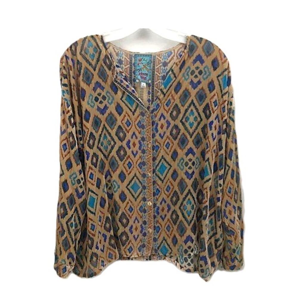 Johnny Was Multicolor Ikat Silk Blend Sheer Blouse S - Picture 2 of 7